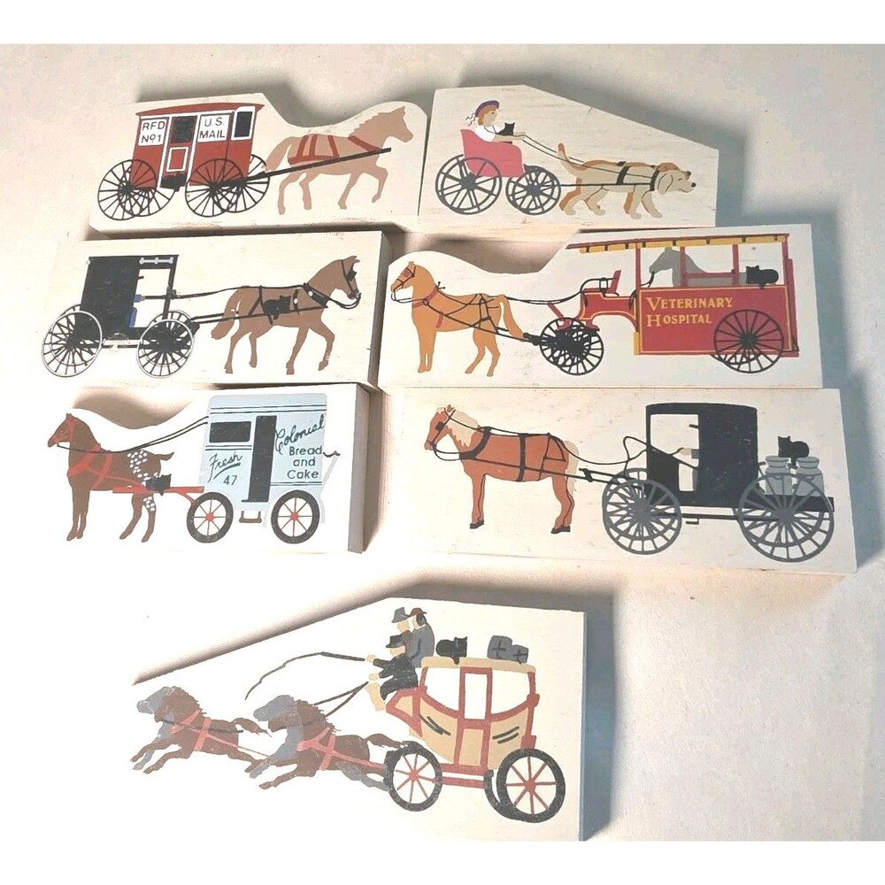 Vintage 7 Pc The Cats Meow Village Carriage Horse And Buggy Lot